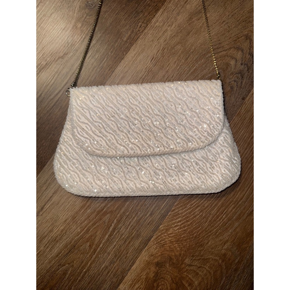 Sparkling‎ White hand beaded Clutch Evening Handbag with Chain Strap